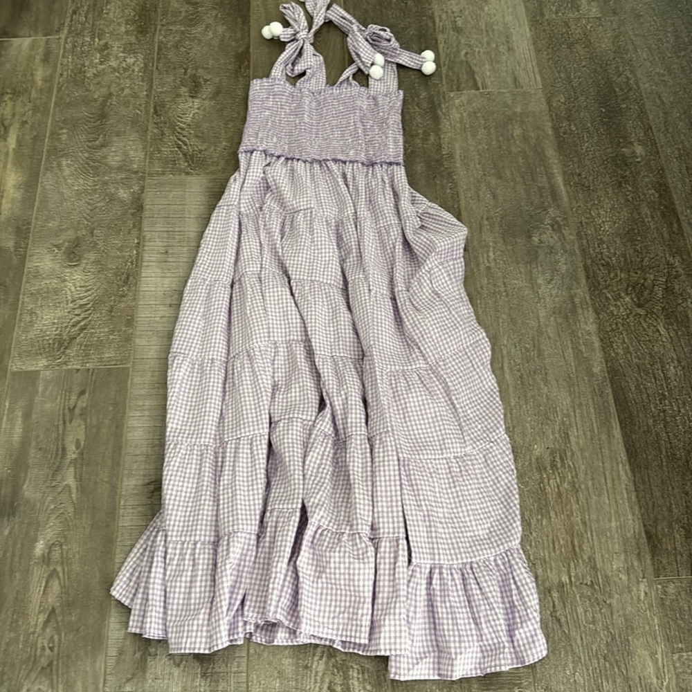 Gingham Purple/White Dress with Pom Pom Detail - Picture 3 of 3